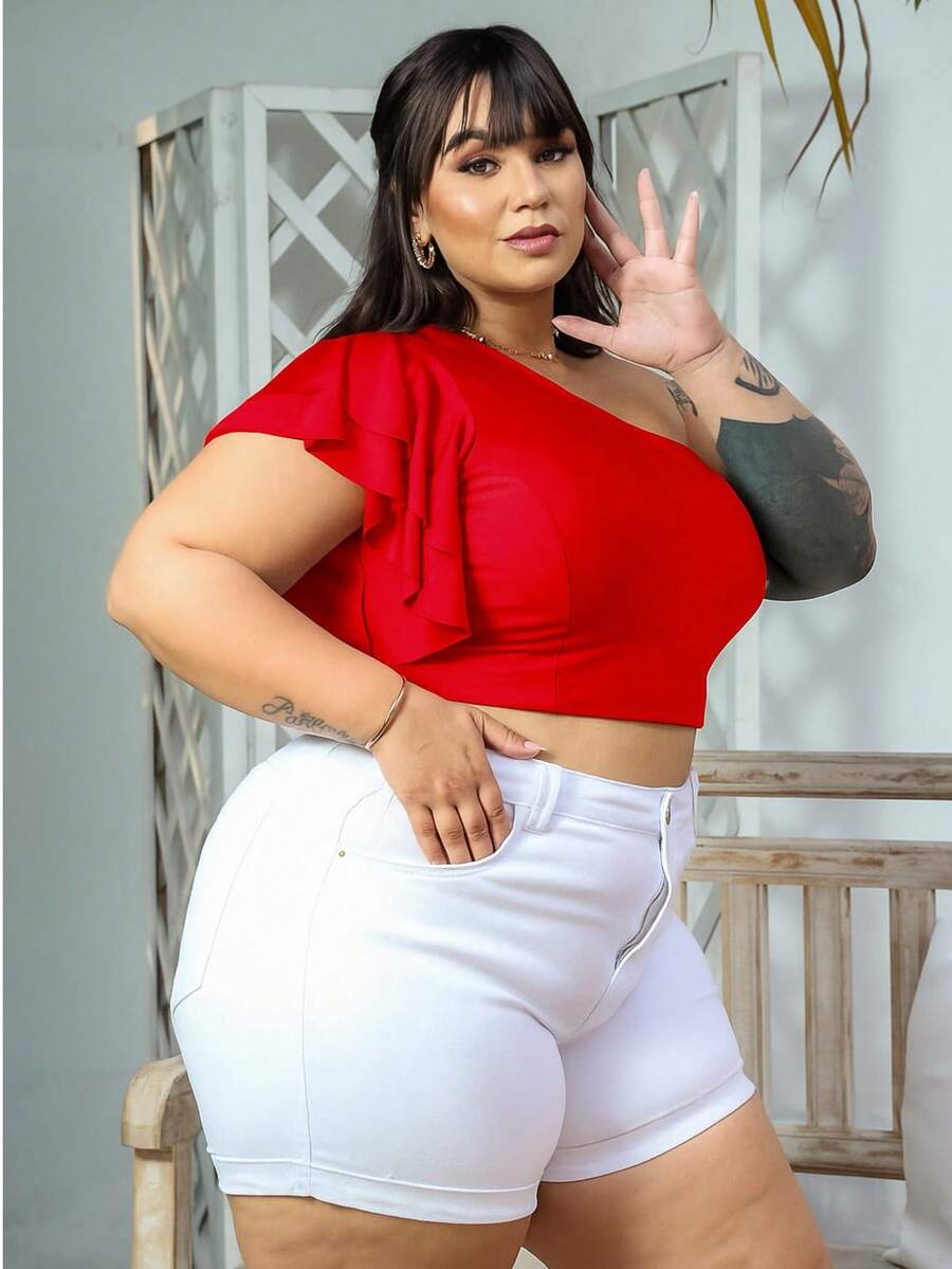 Cropped Feminino Plus Size Plus Suplex com Bojo Manga Mula Manca com Babado - Vermelho - Visão 1