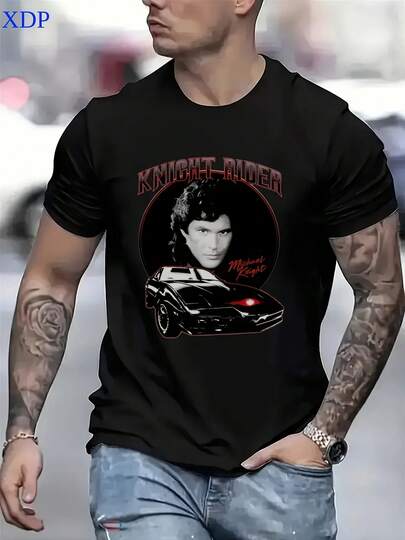 Camiseta gráfica retro de los 80 para hombres - Con diseños del clásico programa de televisión KITT y Michael Knight, top casual de verano transpirable, ajuste regular con cuello redondo, lavable a máquina, ropa nostálgica para fanáticos, gráficos de coches clásicos, estilo de logo llamativo