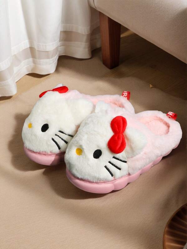 Sanrio Pantufas de pelúcia Sanrio KT com desenho de gato para meninas e mulheres, fofas, aconchegantes e com sola antiderrapante, pantufas peludas e quentinhas para ambientes internos, sapatos baixos para casa, pantufas de inverno | Brancas