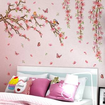 1 套粉色樱花桃树鸟墙贴，粉色花枝墙贴花，适用于卧室客厅家居装饰