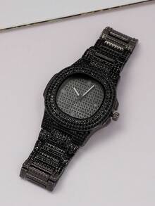 1pc Fashion Luxury Full Diamond Men's Steel Belt Business Calendar Men's Quartz Watch, Suitable For Business, Parties, And Daily Wear, The Best Gift For Men. - 黑色 - 查看 4