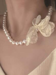 Nooxian 1 件时尚珍珠项链，法式浪漫珍珠花项链 - 送给女朋友或妻子的绝佳礼物 - 白色 - 查看 4