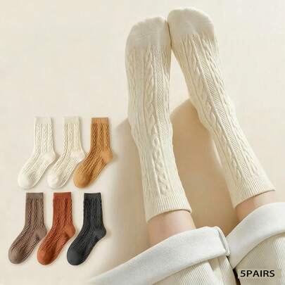 5 paires de chaussettes épaisses pour femmes, douces et chaudes, mi-mollet de couleur unie pour l'automne et l'hiver