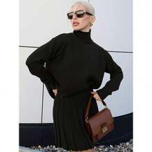 Collegiate Style Maillard Color Matching Set, Solid Color Turtleneck Knit Long Sleeve Top And Pleated Mini Skirt - Black - View 4