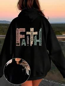 Faith Scripture Cross  Print Casual Women's Hoodie Sweatshirt Unisex Loose Oversized Sweatshirt, Girl's Boyfriend Style Outfit, Casual Versatile Long Sleeve Jacket - 黑色 - 查看 4