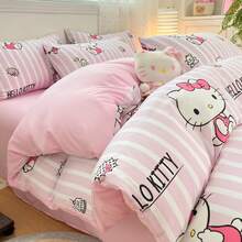 Juego de ropa de cama de 3 piezas con estampado lindo de Sanrio - Hello Kitty (1 funda nórdica + 2 fundas de almohada, sin relleno) tamaño completo, suave y cómodo, adecuado para dormitorio, hogar, hotel, todas las estaciones, con cierre de cremallera y funda de almohada, multicolor, ropa de cama extra grande, juego de funda nórdica extra grande