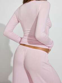 Women's Fall Pants Set Casual Solid Color Long Sleeve V Neck Slim Fit Tops With Wide Leg Pants 2 Pcs Outfits - Hồng - Xem 4