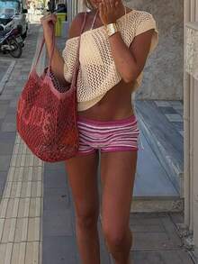 Cream Asymmetric Crochet Crop Top | Sheer Beach Cover Up For Pool & Vacation Looks - Apricot - View 10