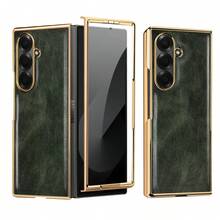 VIETAO 时尚电镀材质复古仿皮手机壳适用于三星 Galaxy Fold 2 3 4 5 6 7 5g 保护手机壳带钢化玻璃屏幕保护膜 - 黑色 - 查看 4