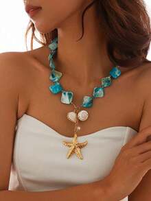 1pc Bohemian Style Ocean Inspired Star Pendant Necklace With Blue-Green And Gold Beads - Versatile Women's Accessory For Vacation, Party, Casual Wear - Durable Year-Round Gift, Charm Necklace, Ocean Themed Jewelry, Stable Color Beads, Holiday Gift - Multicolor - View 5