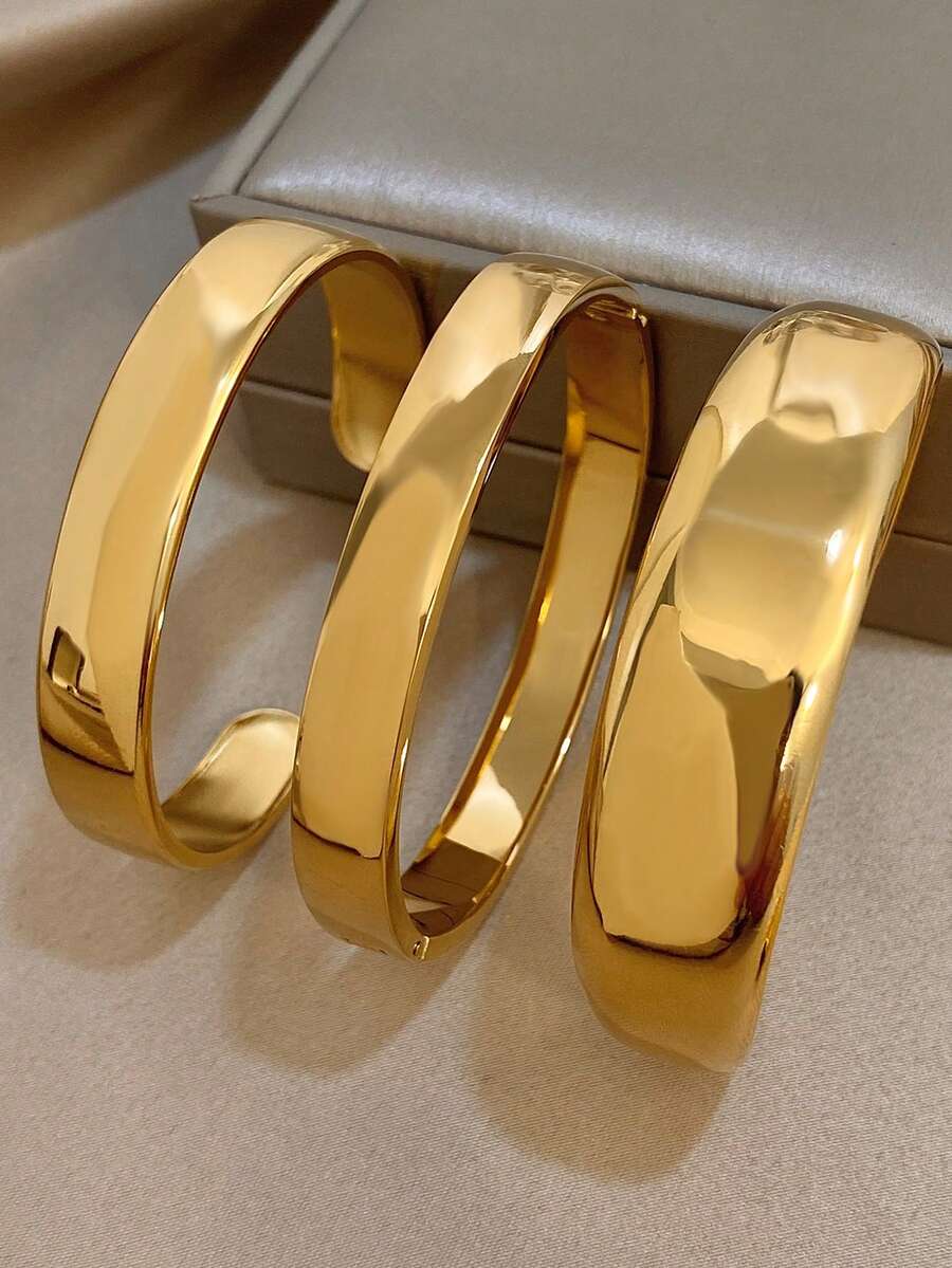 18K 镀金不锈钢奢华几何开口袖口手镯套装，适合女士，佩戴在手腕上，而不是手臂上，经典复古优雅珠宝妈妈礼物圣诞节感恩节万圣节婚礼狂欢/舞会/派对/日常配饰周年纪念情人节波西米亚珠宝生日伴娘礼物 - 彩色 - 查看 1