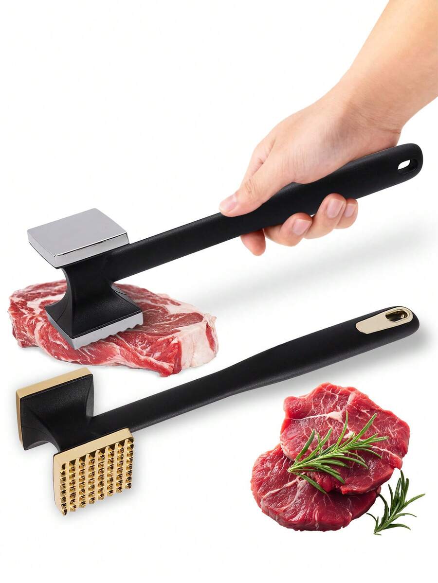 1pc Zinc Alloy Square Meat Tenderizer, Gold/Silver Double-Sided Meat Pounder For Home Use, Versatile Kitchen Tool With Nut Cracker And Spice Grinder