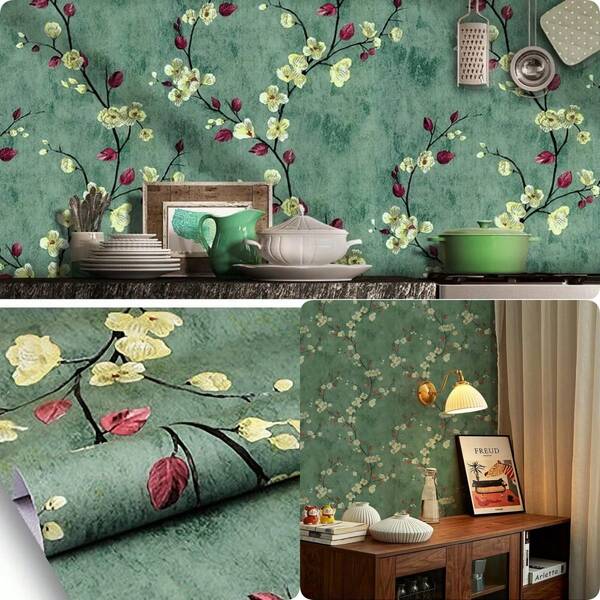1 rolo de papel de parede de flor de ameixa com fundo verde, PVC, à prova d'água, autoadesivo, para decoração de escritório, estúdio, casa, guarda-roupa, mesa, móveis, renovação, papel contact, faça você mesmo, fácil de instalar, película de cobertura 45 cm * 100/300/500 cm