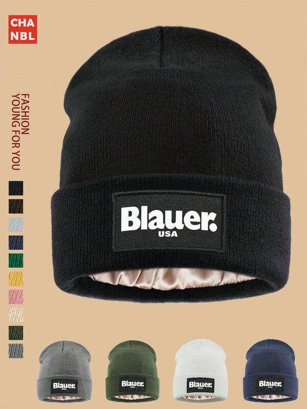 1 pezzo "BLAUER" Cappello lavorato a maglia con stampa logo alla moda, streetwear urbano, cappello lavorato a maglia caldo da papà per proteggere la testa, berretto a tesa larga monocromatico versatile, opzioni di colore multiplo, berretto da sci elastico e confortevole adatto per uomo e donna, ideale per sci, escursionismo, Ognissanti, Natale, regalo ideale per accessori invernali di papà e mamma
