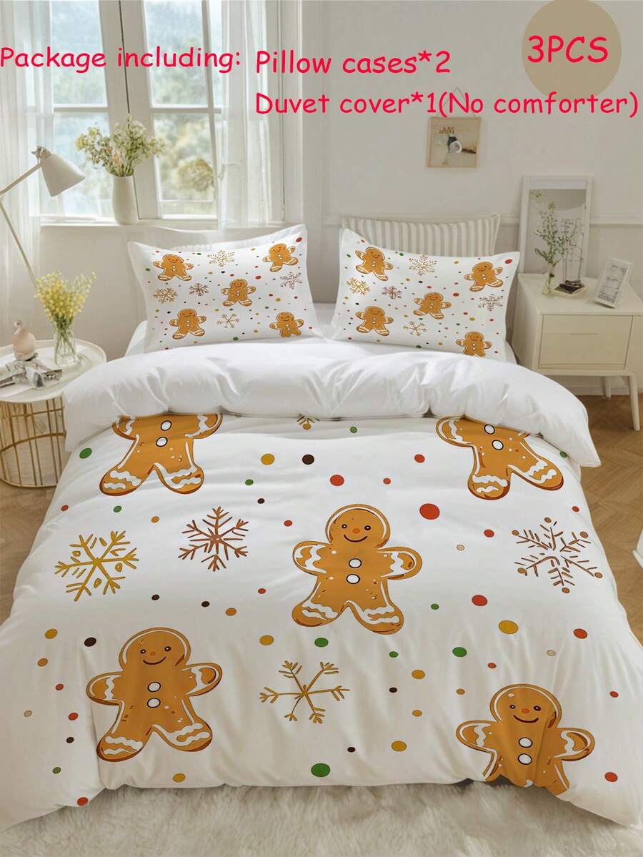 3pcs Christmas Cute Gingerbread People Pattern Print Duvet Cover Set (1*Duvet Cover + 2*Pillowcase, Without Core), Lighting Up The Colorful Atmosphere Of The Festival, Snowflakes And Colorful Dots Dance Together, Creating A Sweet Atmosphere, Christmas Theme, Winter Christmas, Soothing Visual Fatigue, Suitable For All Seasons, Suitable For Hotel, Bedroom, Guest Room And Dormitory Decoration Bedding