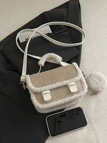 迷你简约扣毛绒边女式毛绒斜挎包，秋冬新款时尚优雅可爱柔软仿麂皮托特包，大容量单肩包，可调节肩带，休闲户外和日常使用礼物，新款女式皮草包 - 米色 - 查看 8