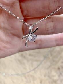 Nooxian 1 chiếc dây chuyền mặt nơ đính đá Cubic Zirconia lấp lánh bằng đồng dành cho nữ - Bạc - Xem 6