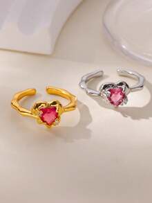 Two Heart Stainless Steel Rings With Cubic Zirconia 18K Gold-Plated Adjustable Open Ring For Women Romantic Golden Wedding Memorial Jewelry Holiday Accessories Mother's Day, Valentine's Day Gifts