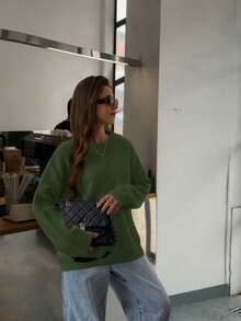 FOR BEAUTY Autumn/Winter New Solid Color Round Neck Casual Loose Long Sleeve Knit Pullover Sweater, Mid-Length, Daily Fashion Versatile, Commuting Knitwear, Soft Slouchy Style, Comfortable, Tops - Army Green - View 6