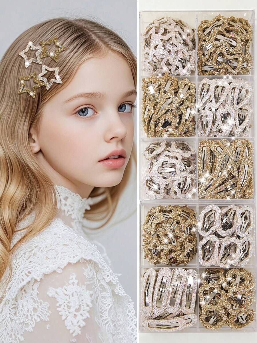 20 Stücke/Set Mädchen glänzende Pailletten Stern/Pentagramm/Herz/Meteor/Wassertropfen/Wolke/Schleife/Bär zufälliger Stil süße Prinzessin Haarspangen, geeignet für Babys, Kleinkinder, Kinder, täglichen Gebrauch