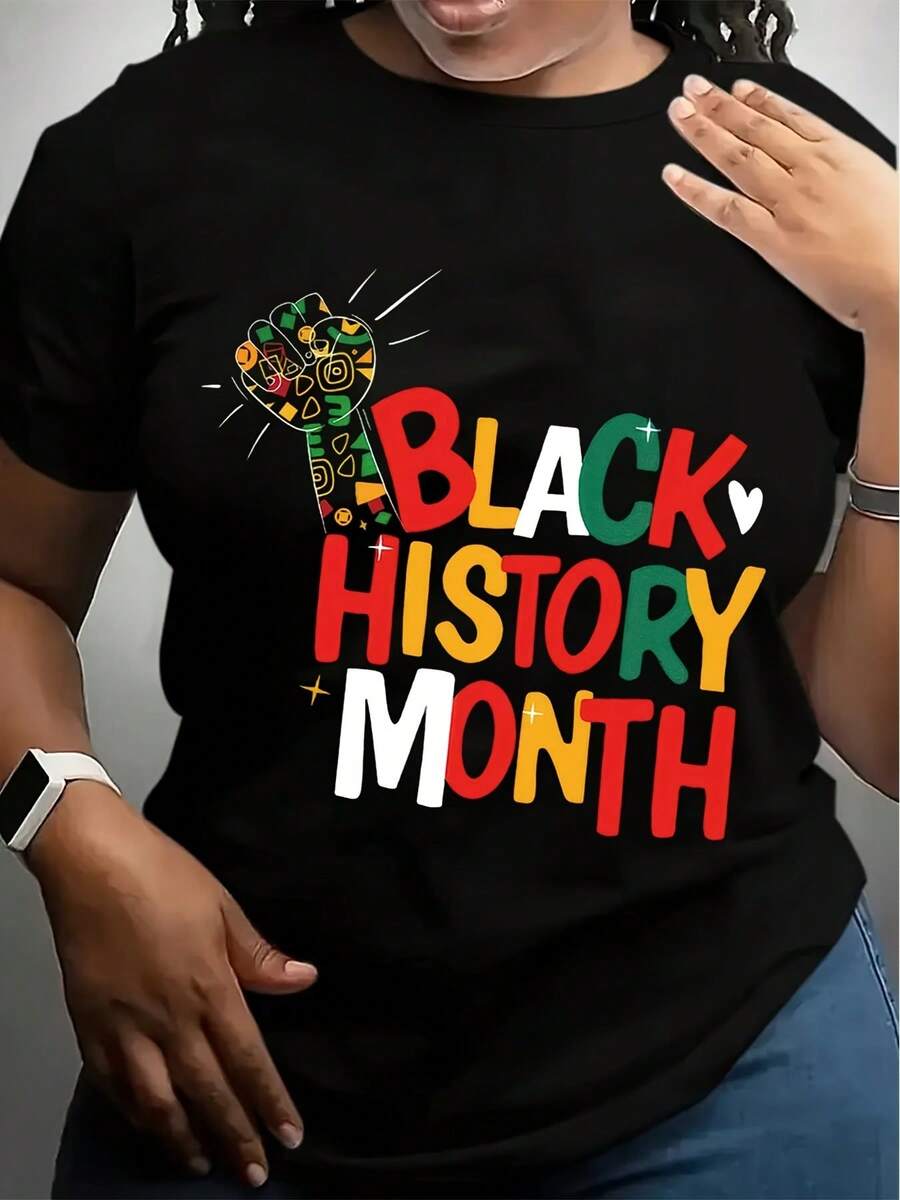 Black History Month Celebration T-Shirt - Casual Polyester, Applique Detail, Short Sleeve, Graphic Print, Summer Wear For Women, Vibrant Lettering Design, Summer Casual Wear Vibrant Lettering T - Black - View 1