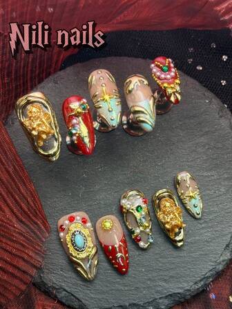 10pcs Handmade Complete Nail Set, Featuring Almond Shaped Red& Cat Eye Nails French Tip, Punk Rock Hot Metal Texture 3D Decorative Spring And Summer Nail Set, Handmade Moon, Stars, And Asymmetrical Metal Lines Suitable For Girls To Wear On A Daily Basis And Attention Gatherings, Themed For The New Year& Parties And Other Events. Comes With 1 Mini Nail File And 1 Double-Sided Adhesive Label