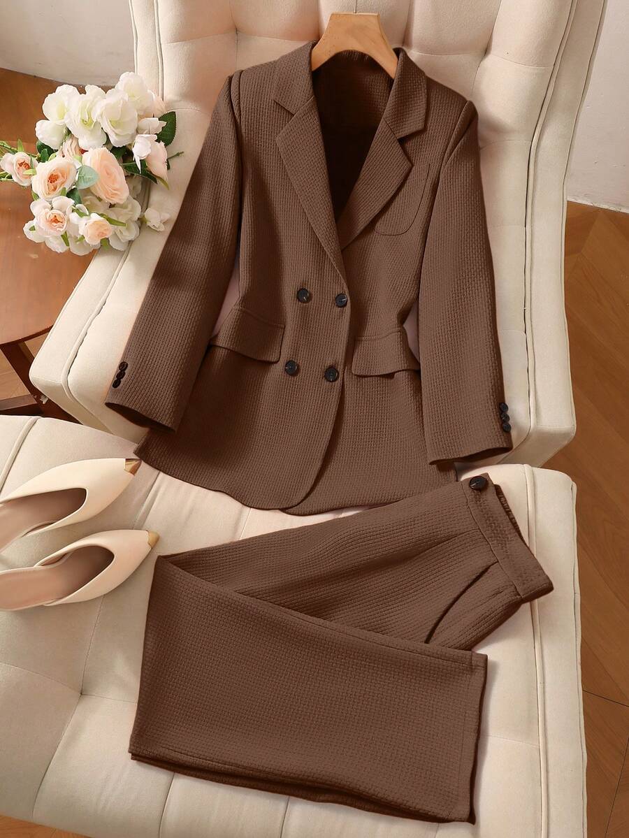 Solid Color Single Button Long Sleeve Single-Breasted Waistcoat Suit Pants Two-Piece Set - Coffee Brown - View 1