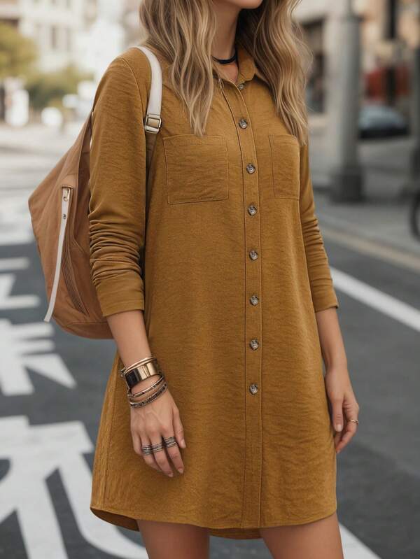 Women's Mid-Length Shirt/Short Sleeve Shirt, Solid Color Pocket Button Up Casual Shirt/Top With Asymmetrical Hem, Suitable For Office, Christmas, Spring Festival