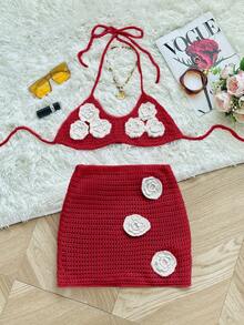 Apperloth A Bộ bikini hai mảnh Y3K gồm áo croptop hở lưng khoét hoa 3D và chân váy mini gợi cảm, thích hợp cho kỳ nghỉ biển, màu đỏ trơn. - Đỏ - Xem 5