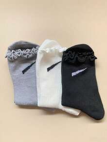 6 Paar Damen Socken mit einfarbigem Rüschensaum in Knöchellänge, Schwarz Weiß Grau, süß & modisch, bequeme Lässig socken geeignet für den täglichen Gebrauch, Reisen, Schule und Rock-Kombinationen, ganzjährig