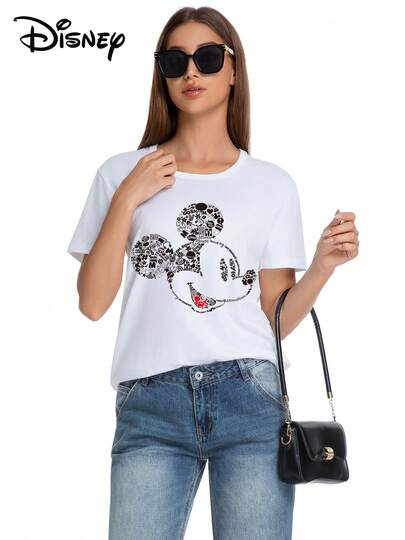 Disney Camiseta de manga corta de moda casual con estampado gráfico de la serie Mickey Mouse, elástica, opaca, de fácil cuidado, adecuada para uso diario