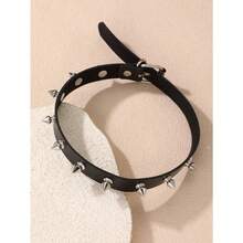 1pc Gothic Punk Rock Spiked Leather Necklace Choker - Black - View 10
