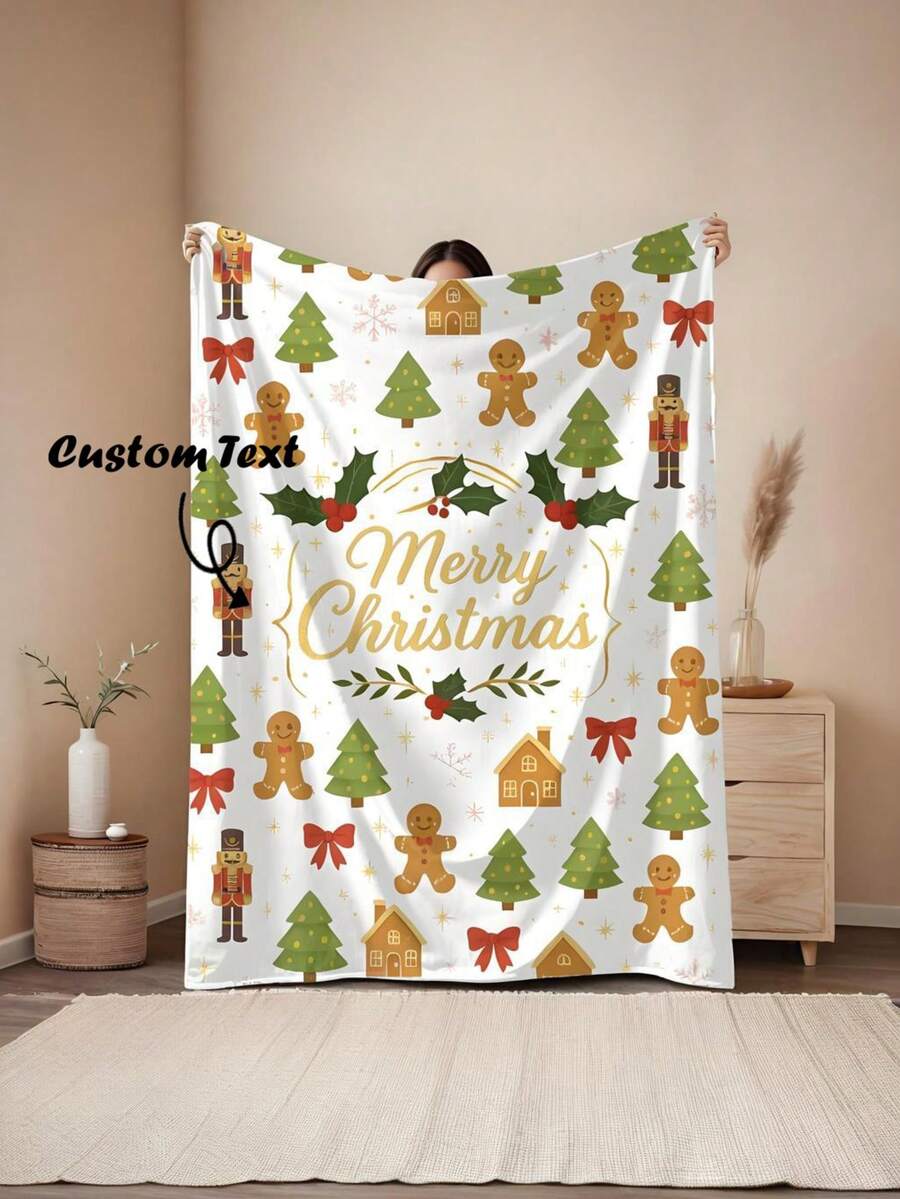 Personalisierte Weihnachtsdecke mit Namen, individuelle Feiertags-Überwurf, gemütliche Winterdekoration, festliches Kritzelmuster, Weihnachtsgeschenkidee