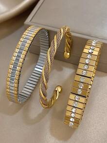 Multicolor Elastic Strap Bracelet Golden Twisted Open Bracelet For Women Stainless Steel Stackable Bracelet For Daily Party Jewelry Set Birthday Christmas Gifts - Multicolor - View 12