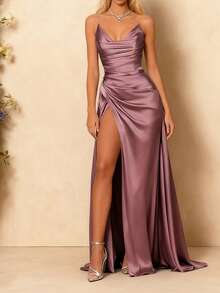 WOWDARK Summer Dress, Elegant V-Neck Tie Waist High Slit Party Dress, Suitable For Valentine's Day, Dates, Gatherings, Parties, Travel, Vacation, Beach And Other Occasions - Dusty Pink - View 2