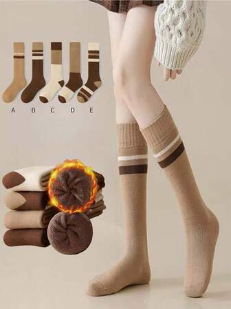 1/3 Pairs Unisex Merindale Color Block Thermal Lined Crew Socks, 5 Colors Available, Warm And Stylish, Versatile For Autumn/Winter, Great Gift For Elders, Parents, Campus Girls