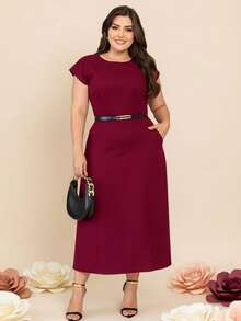 Women's Evangelical Mode Dress Women's Plus Size Dress With Invisible Zipper And Brown Belt G-GG-G1-G2 - 酒紅色 - 查看 2