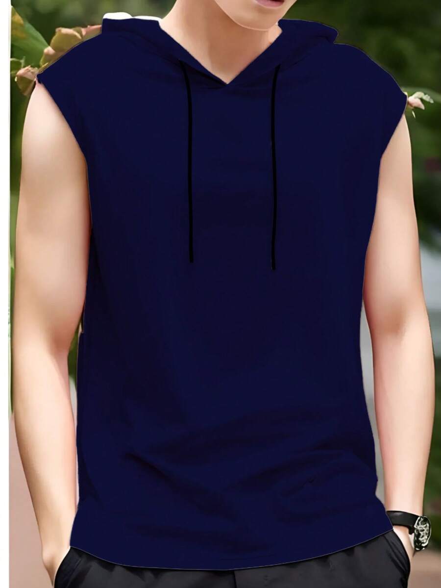 Hooded Tank Top In 100% Cotton Mesh - Navy Blue - View 1