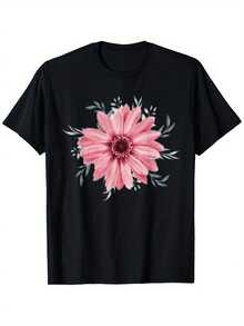 Camiseta de manga corta negra para hombres con estampado floral rosa vibrante -% algodón 180gsm. Camiseta gráfica digital de un lado. Regalo de Pascua para papá, esposo y amigos. Tallas S-. Ropa casual lavable aáquina - Negro - Ver 1