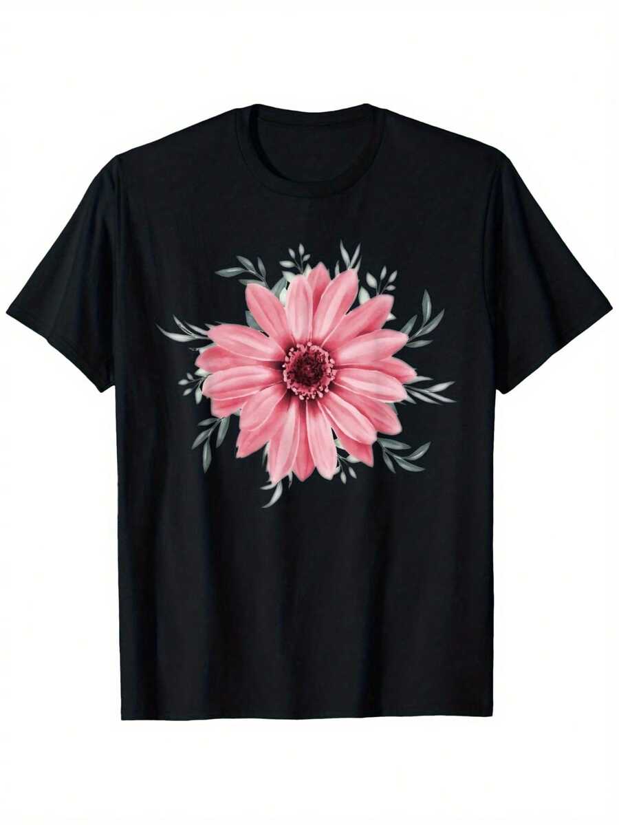 Camiseta de manga corta negra para hombres con estampado floral rosa vibrante -% algodón 180gsm. Camiseta gráfica digital de un lado. Regalo de Pascua para papá, esposo y amigos. Tallas S-. Ropa casual lavable aáquina - Negro - Ver 1