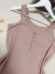 Women's Cotton Tank Top With Button Abrem287 (Size A Little Small, It Is Recommended To Order A Larger Size) - Coffee Brown - View 2
