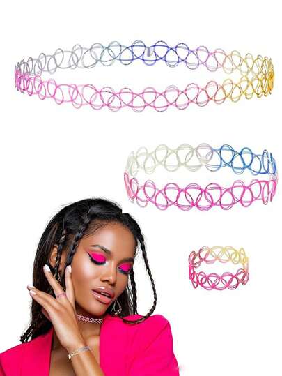 3pcs Tattoo Choker Set Necklace Bracelet Ring Vintage Stretchy Elastic Necklace Women's Gothic Black Classic Fashion