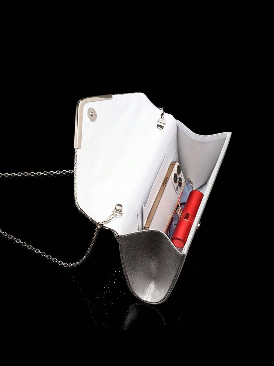 Set de bijuterii de lux cu diamante strălucitoare - colier, cercei, brățară, geantă plic metalică în formă de V cu paiete argintii strălucitoare, geantă de seară elegantă, geantă de mireasă pentru petrecere de nuntă, geantă de mână pentru cocktailuri, portofel nou de nuntă, geantă de petrecere - imagine 10