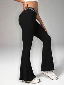 高腰喇叭慢跑裤纯色适合徒步户外运动休闲健身新款提臀运动裤跑步裤女瑜伽紧身裤 - 黑色 - 查看 5