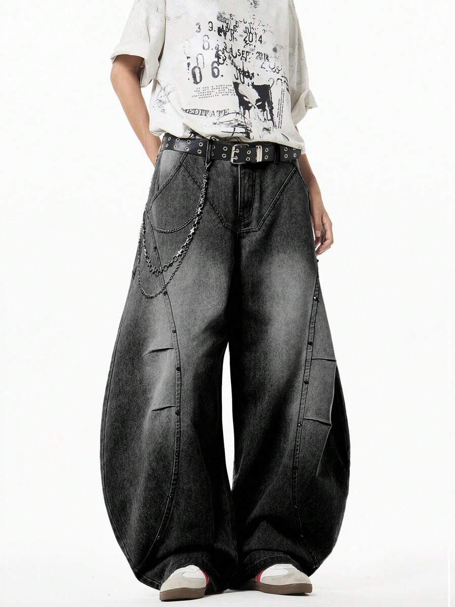 1 件正义兄弟休闲男士宽松破洞牛仔阔腿牛仔裤，日式风格 - 黑色 - 查看 1