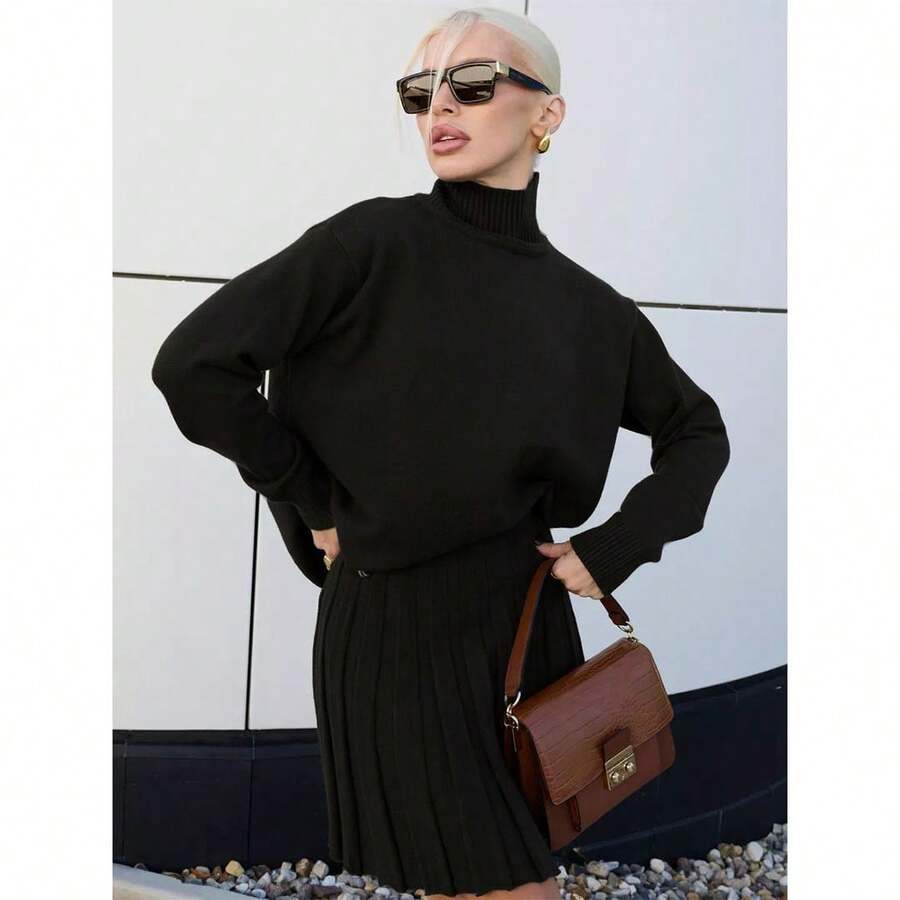 Collegiate Style Maillard Color Matching Set, Solid Color Turtleneck Knit Long Sleeve Top And Pleated Mini Skirt - Black - View 1