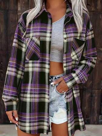 Women's Classic Purple Plaid Jacket, Featuring Lapel Collar, Long Dropped Shoulder Sleeves, Button Details, And Pockets