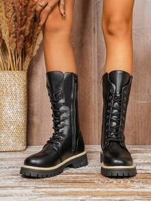 Women's Vintage Leather Lace-Up Riding Boots, Comfortable Versatile Thick Sole Biker Boots For Autumn/Winter - Black - View 2