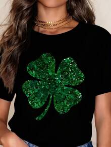 Women's Glittering Green Four-Leaf Clover Short Sleeve T-Shirt - Sparkly Casual Crew Neck Top For Spring & Summer, Blend, Machine Washable, Festive & Stylish Design, Summer Casual Wear Sparkly Green Top Glossy Finish Shirt - 黑色 - 查看 1
