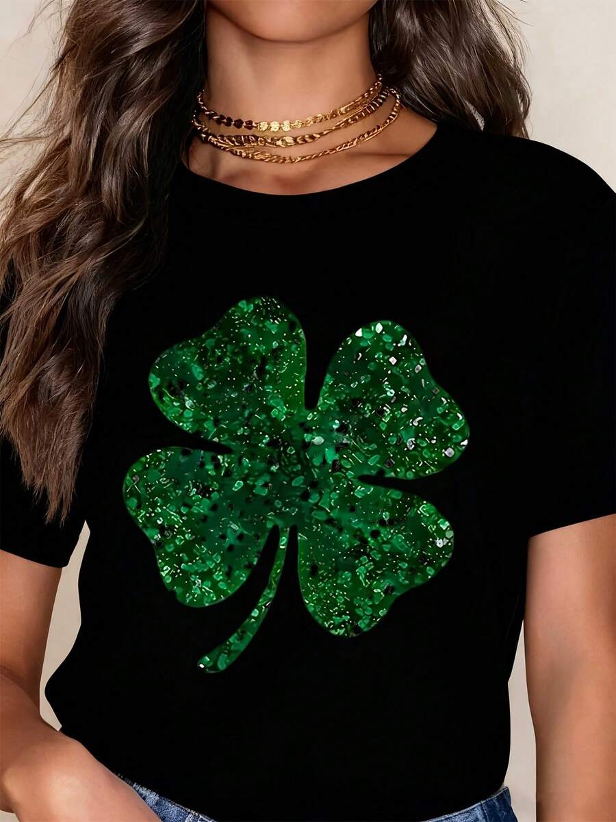 Women's Glittering Green Four-Leaf Clover Short Sleeve T-Shirt - Sparkly Casual Crew Neck Top For Spring & Summer, Blend, Machine Washable, Festive & Stylish Design, Summer Casual Wear Sparkly Green Top Glossy Finish Shirt - 黑色 - 查看 1